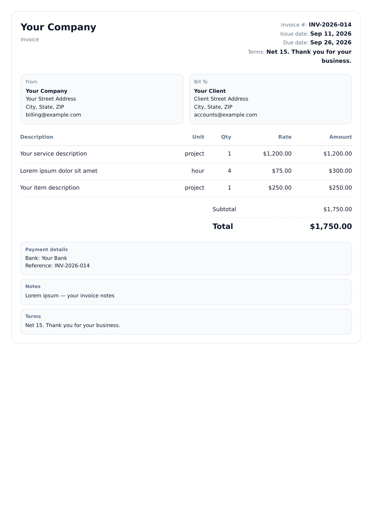 Clear invoice design preview