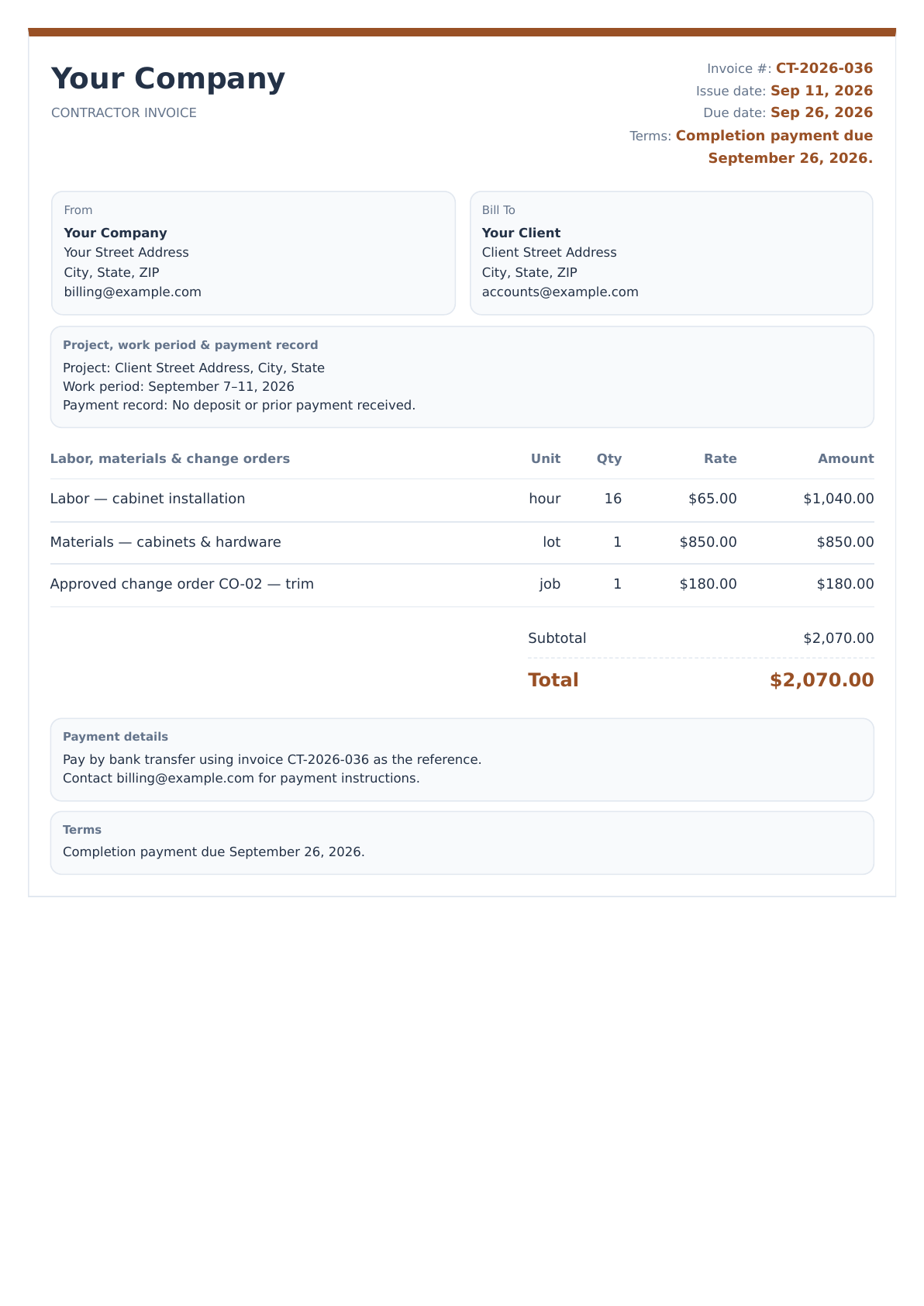Contractor invoice design preview