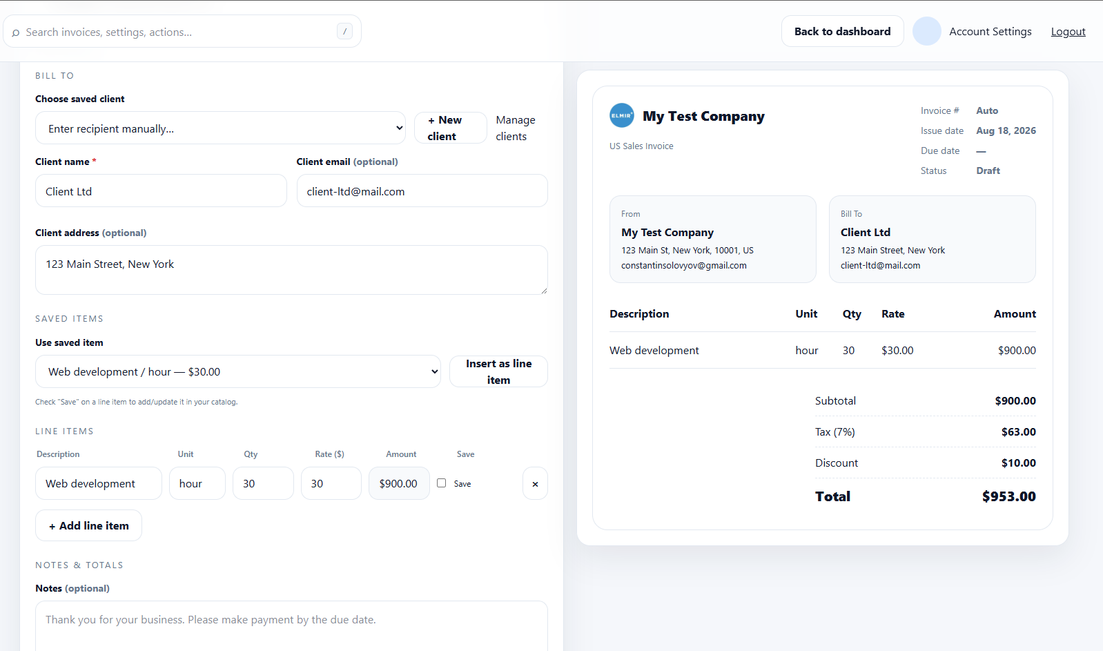 SimpleInvoicePDF professional invoice dashboard preview